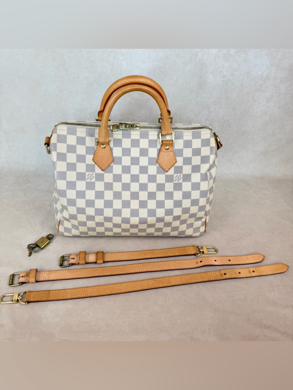 Louis Vuitton Speedy Bandoulière 30 Damier Azur Crossbody Bag w/ Strap & Lock - Picture 8 of 16